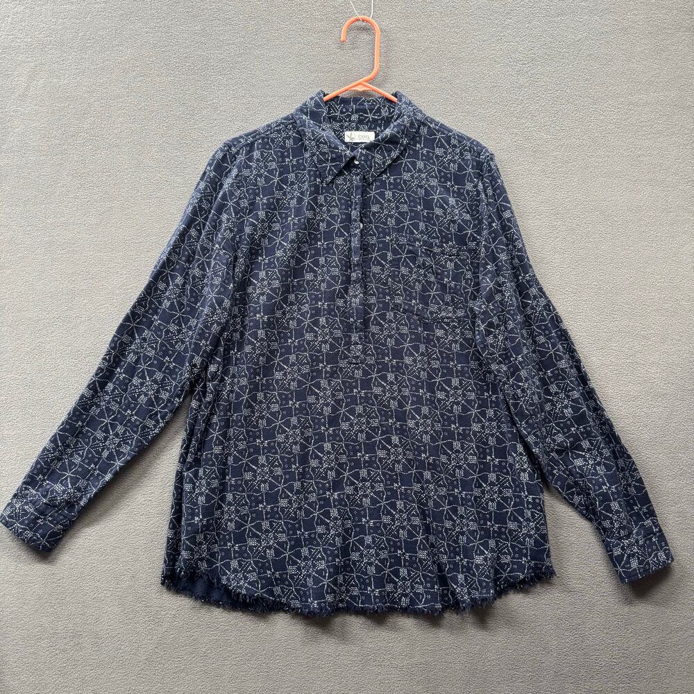 Carve Designs Organic Blue Printed 1/2 Button Down LS Top Womens XL Raw Hem